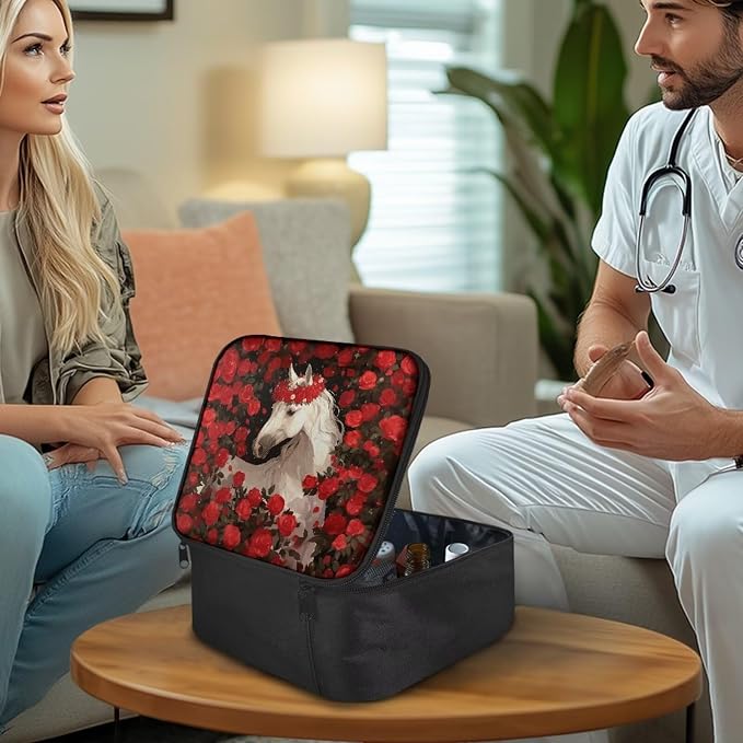 Rnyleeg First Aid Kit Empty Red Rose Horse Emergency Medical Kit with Zipper Large Capacity Medical Bag for Home, Travel, Outdoor, Boat, Camping, Hiking