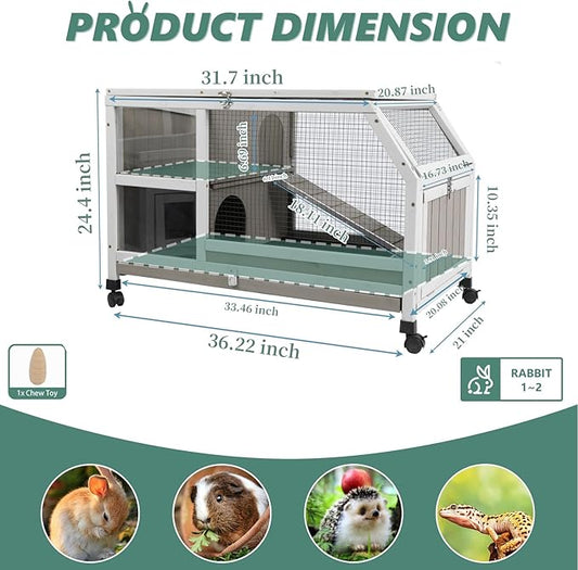 Gowoodhut Indoor Rabbit Hutch - 36''L Outdoor Wooden Bunny Hutch with Wheels Rabbit Cage Guinea Pig Cages Removable Pull Out Tray, Ramp, Hideout, Small Animals Pet House Hamster Ferret for Bunny Cage