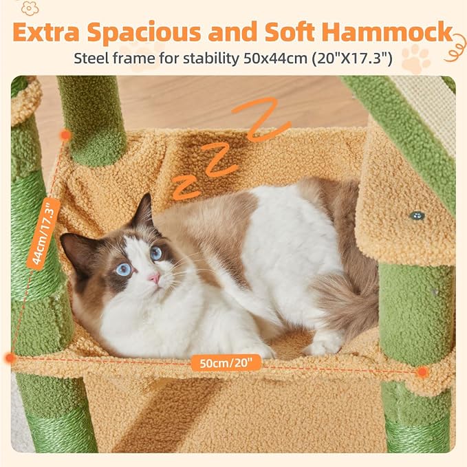 Taoqimiao Cactus Cat Tree, 57.5-Inch Cat Tower for Indoor Cats Large Adult, Extra Large Cat Condo, 8 Sisal Scratching Posts, Metal Frame Cozy Hammock, Durable Scratch Board, 2 Top Perches, MSC026