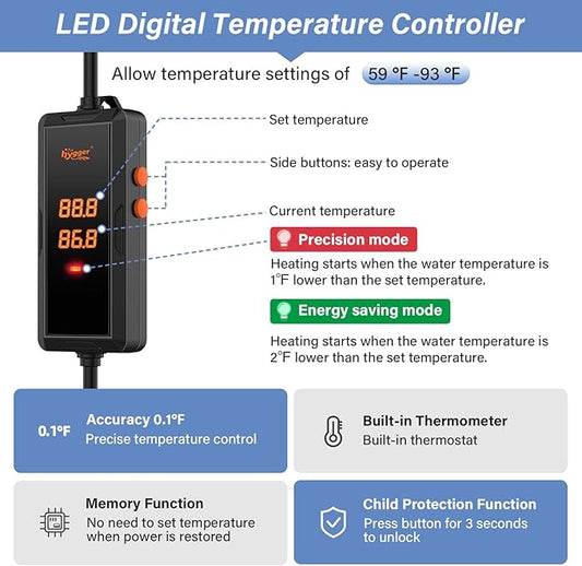hygger 200w Aquarium Heater, Submersible Fish Tank Heater with Intelligent Temperature Control and Leaving Water Automatically Stop Heating System, for 20-40 Gallon Tanks