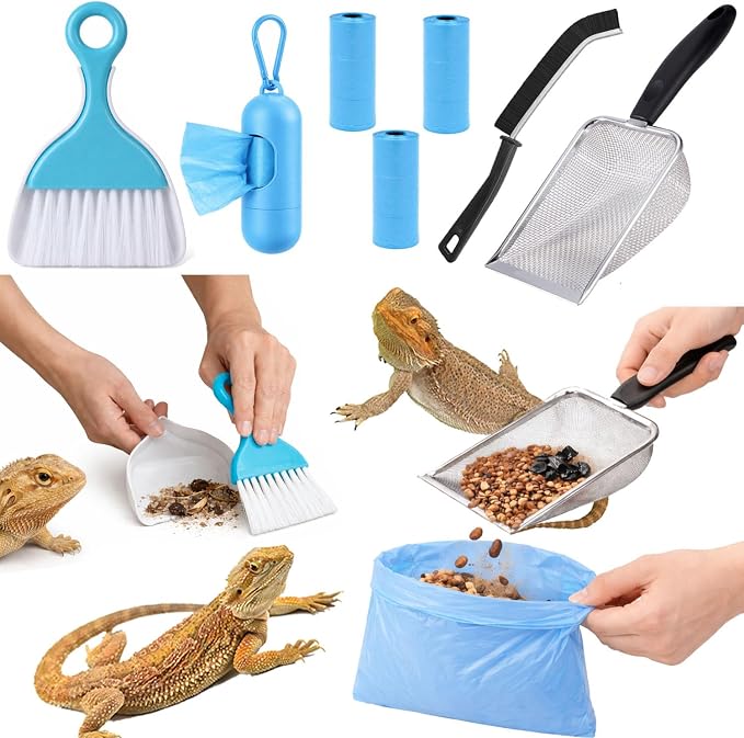 Reptile Sand Scoop Cleaning Kit for Bearded Dragon & Leopard Gecko Tank Accessories – Reptile Sand Sifter, Reptile Litter Scoop, Mini Brush & Dustpan, Hanging Waste Bag Dispenser