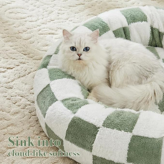 Ohocut Checkered Cat Dog Bed, Cute Sage Green Retro Style Aesthetic Round Warming Pet Calming Beds for Small Dog and Cats, Plush Cozy Donut Beds Washable, 23" L x 23" W x 8" Th