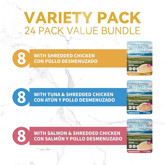 Shredded Chicken in Broth – High-Protein Grain-Free Lickable Cat Food Topper, Chicken & Seafood Variety Pack, 24 Pouches (1.41 oz Each) (48)