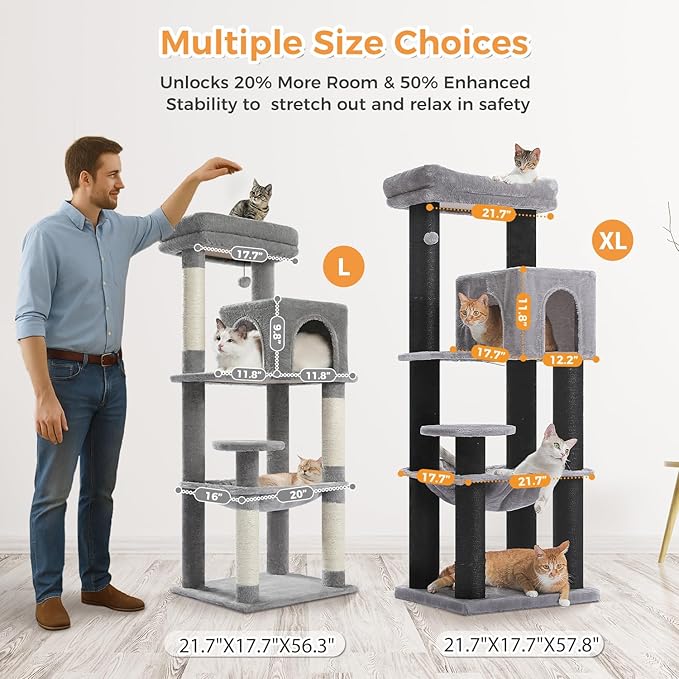 PETEPELA Cat Tree for Large Cats up to 30 lbs, 58" Heavy Duty Cat Tower with Reinforced Scratching Posts[ φ3.9”], Large Hammock, Spacious Condo & Top Perch, Sturdy Cat Furniture for Maine Coons, Black