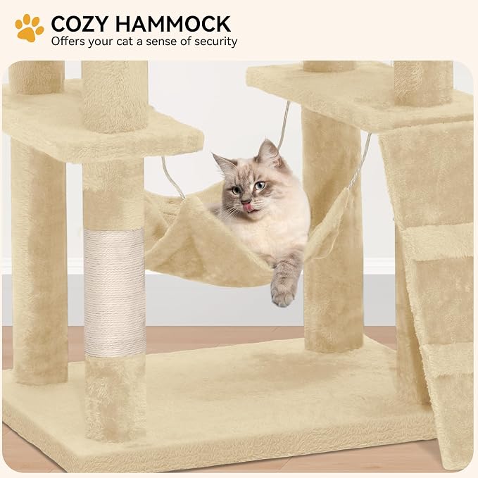 YITAHOME 190.5 cm Tall Heavy Duty Cat Trees for Large Cats, 75inch Maine Coon Tower Indoor with Scratching Post, Hammock, Cat Condo for Adult Cats,Beige
