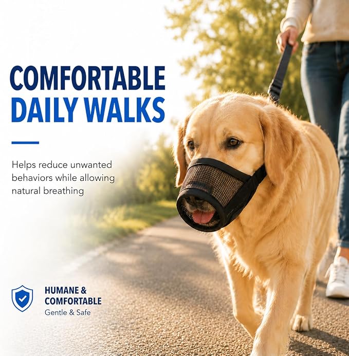 Dog Muzzle, Soft Air Mesh Muzzles for Large Sized Dogs, Breathable Dog Mussels for Scavenging Biting Licking & Barking, Adjustable Mouth Guard for Grooming, Allows Panting and Drinking (Black,L)