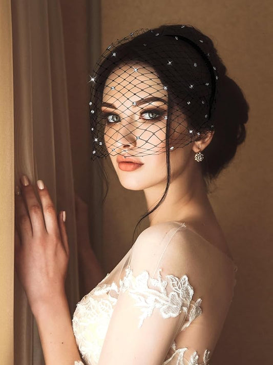 Jansun Black Veil Mesh Veil Headband 1920s Headpiece Birdcage Veil Bridal Wedding Tea Party Fascinator Veil for Women