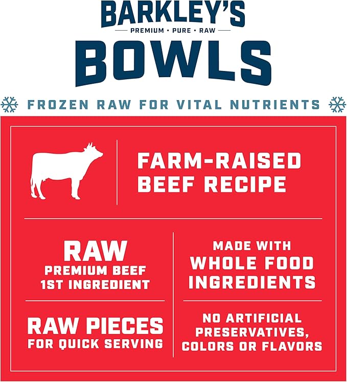Barkley’s Bowls, Frozen Raw Beef Dog Food, Fresh Whole Food Ingredients w/Farm-Raised Beef, Grain Free, Dog Food Toppers, Human Grade Ingredients, for All Dog Breeds, Ages, & Sizes, 4 lb Bag (6 Pack)
