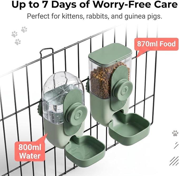 Hanging Gravity Pet Feeder Water Bowl Set for Small Pets(Bean Paste Pink) | 2-in-1 automatic feeding & drinking dispenser; cage hanging design; auto gravity refill; fits cats, dogs, rabbits, hedgehogs