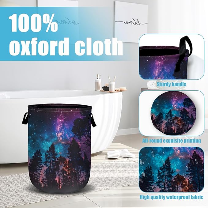 Purple Galaxy Forest Laundry Basket, Laundry Hamper Collapsible Oxford Cloth with Handle Clothes Storage Bin for Bathroom Laundry Room Bedroom 15.7 X 20 Inch