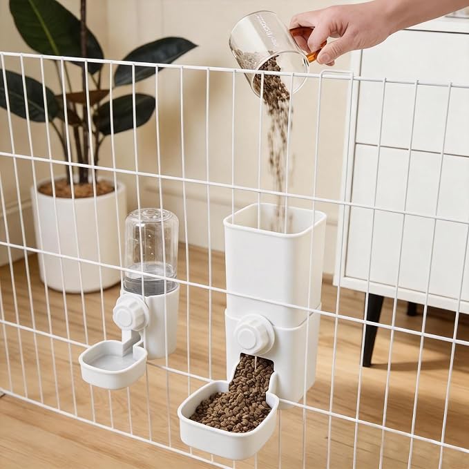 Hanging Automatic Food Water Dispenser,Rabbit Feeder Guinea Pig Water Bottle Food Feeder for Ferret Guinea Pig Rabbit Bunny Cage Accessories (White)