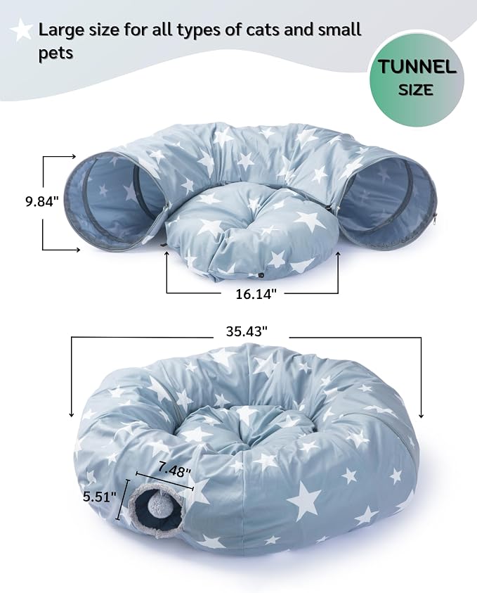 JanYoo Cat Tunnel with Cat Bed 35.4" Collapsible Playground for Indoor Cats | Large Soft Plush Washable Hide Seek Tube with Interactive Toys Round Pet Tunnel for Kittens,Adult Cats,Squirrels