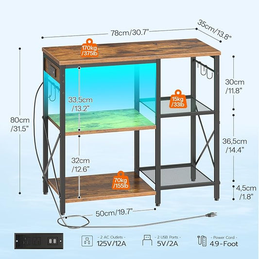 HOOBRO Fish Tank Stand with Power Outlet and LED Light, 20-29-37 Gallon Aquarium Stand with Storage Shelves, 30.7" L x 13.8" W, Reptile Tank Stand with Stable Metal Frame, Rustic Brown BF80UDFT01G1