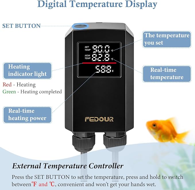 FEDOUR 600W 800W Titanium Aquarium Heater with Digital Controller, Submersible Aquarium Heater with Overheating Protection, for up to 220Gallon Fish and Turtle Tank (800W for up to 220Gal)