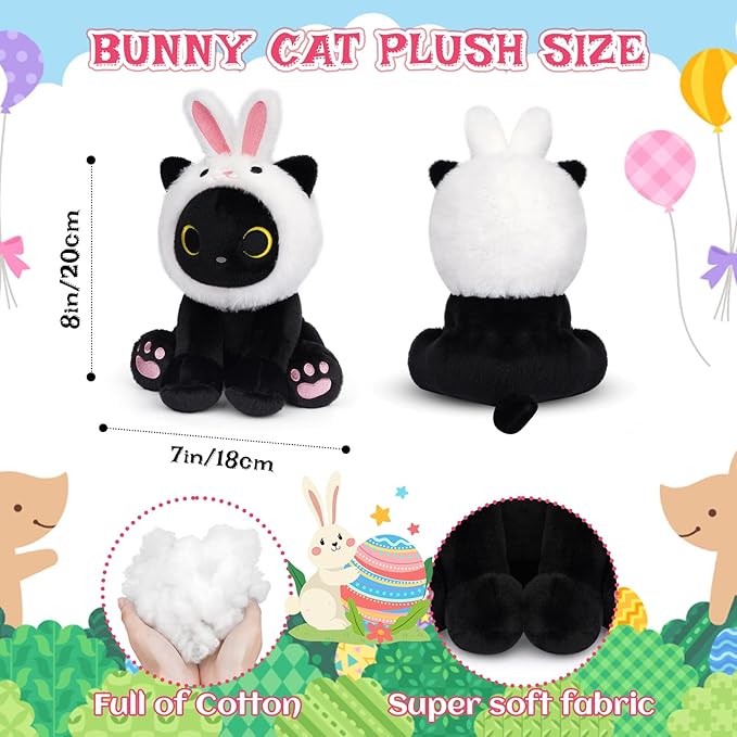 Black Cat Plush with Removable Bunny Hood, Cute Stuffed Animal Kawaii Soft Toy for Kids Toddlers, Birthday Gift for Boys Girls, Party Favors