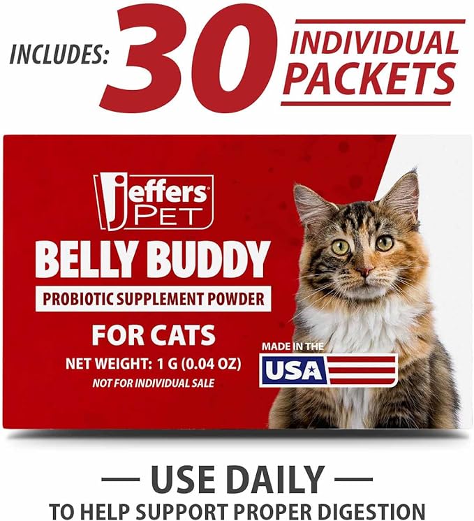 Jeffers Belly Buddy Cat Probiotic Powder Packets, 30 Count - Veterinary Formulated, Four Probiotic Strains & Vitamins for Gut Health, Diarrhea & Digestive Balance, Chicken Liver Flavor, USA Made