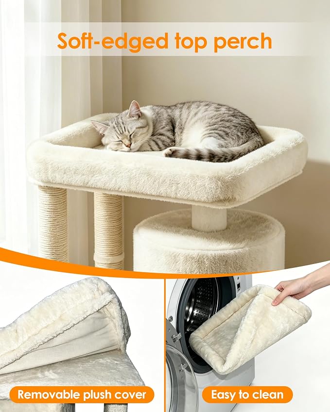 Small Cat Tree, Cat Tree for Large Cats with Perch Bed, Dual Sisal Scratching Posts, Cozy Condos for Indoor Cats Kittens, Beige