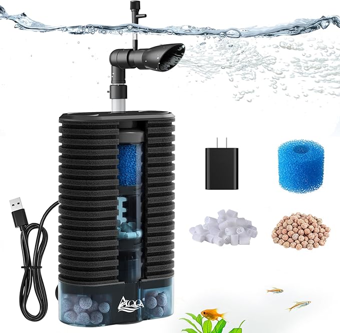 AQQA Aquarium Sponge Filter for Fish Tanks Ultra Quiet DC 5V Multi-Stage Biological Filtration with Fluidized Bed, Safe Low Voltage Fish Filter for Up to 66 Gal Tank (4W 92GPH)