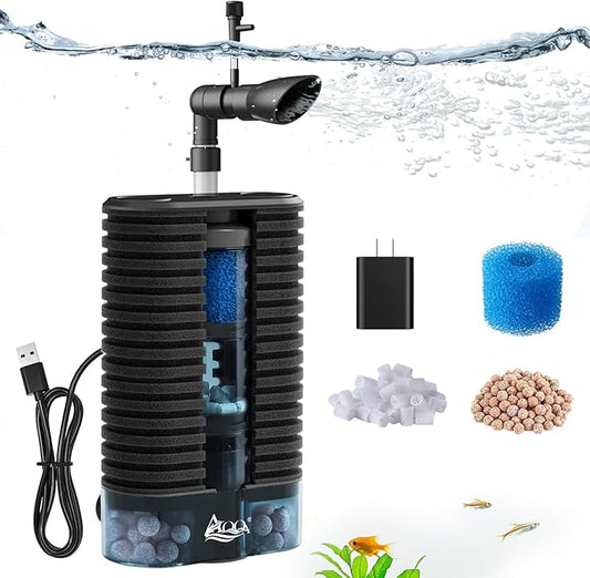 AQQA Aquarium Sponge Filter for Fish Tanks Ultra Quiet DC 5V Multi-Stage Biological Filtration with Fluidized Bed, Safe Low Voltage Fish Filter for Up to 66 Gal Tank (4W 92GPH)