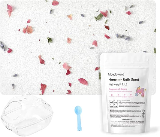 Hamster Sand Bath - Whit Fine Sand Hamster Bedding Reptile Silica Sand Gerbil Hideout for Hamster Chinchillas Gerbil Small Animals Small Pets (Flower Scent, 1.1 lb + L Hamster Bathtub + Scoop)