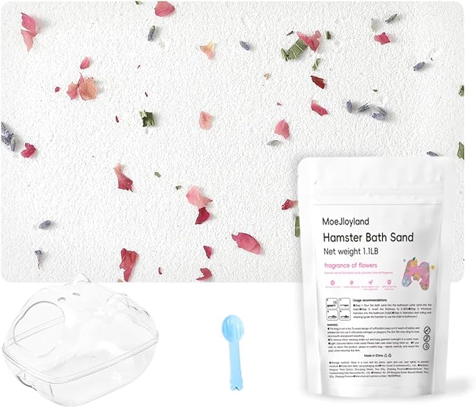 Hamster Sand Bath - Whit Fine Sand Hamster Bedding Reptile Silica Sand Gerbil Hideout for Hamster Chinchillas Gerbil Small Animals Small Pets (Flower Scent, 1.1 lb + S Hamster Bathtub + Scoop)