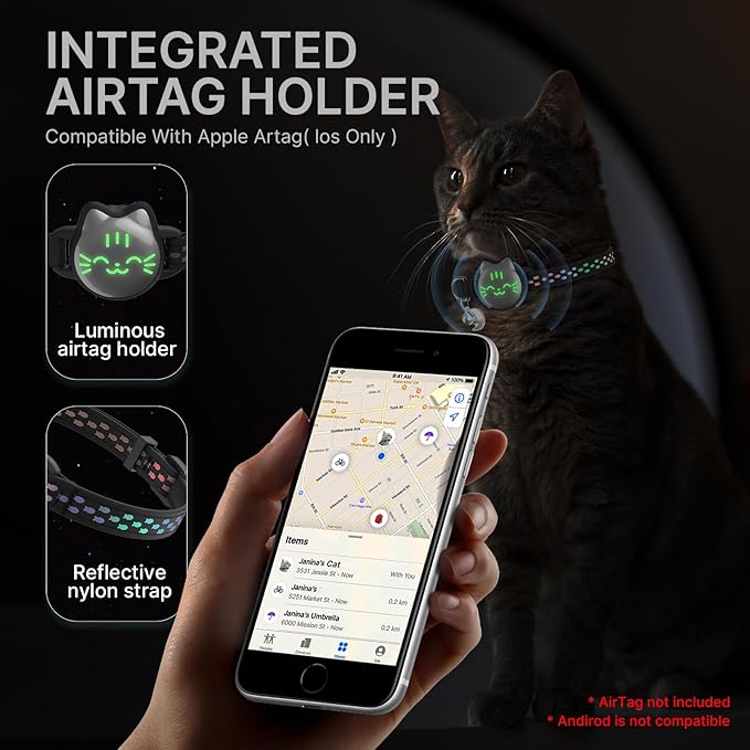 AirTag Cat Collar Breakaway, Reflective Cat Collar Compatible with Apple AirTag 1st & 2nd Gen, Hidden Holder with Bell, Lightweight Water-Resistant Strap for Cats, AirTag Not Included