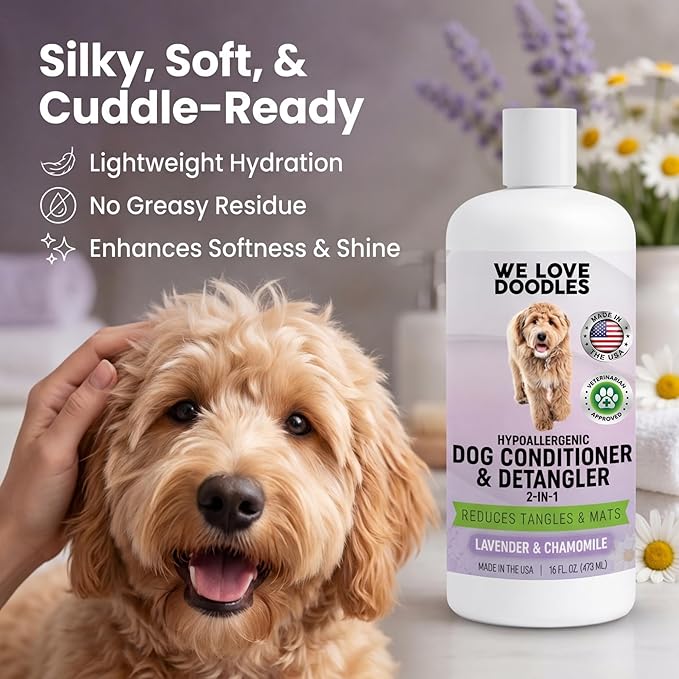 We Love Doodles Dog Conditioner & Detangler, 2-in-1 Conditioner for Allergies & Itching, Lavender and Chamomile, Made in USA, Dog Lotion Treatment, Perfect for Poodles, Doodles & Goldendoodles,16oz
