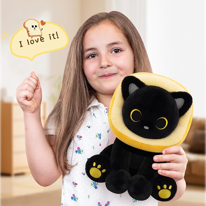 Black Cat Plush - 8inches Cat Stuffed Animal with Removable Toast Bread Hood, Cute Plushie Soft Kitten Doll Toy for Kids Boys Girls, Birthday Gifts