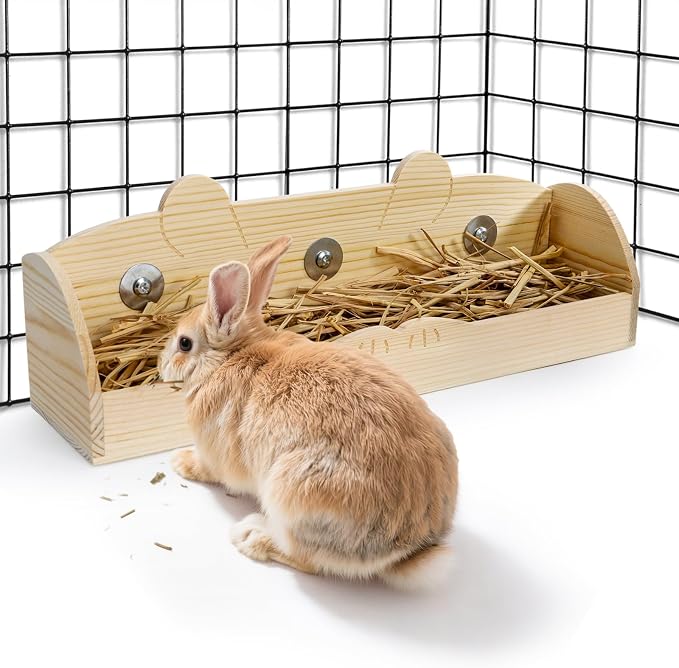 Hedume Rabbit Hay Feeder, Wooden Bunny Food Feeding Manger, Rabbit Hay Holder Less Wasted Food Dispenser for Guinea Pig, Chinchilla, Hamster