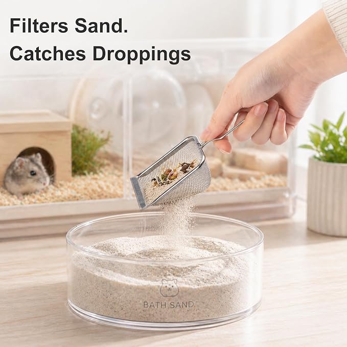 Stainless Steel Hamster Sand Scoop Set, 1mm Fine Mesh & Standard Scoop Combo, Small Pet Sand Bath Cleaner for Hamsters, Gerbils, Mice, Reptiles, Easy Sifting for Fine Sand