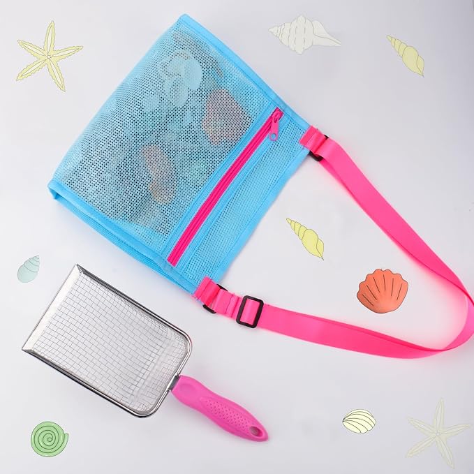 MUYIZI Beach Mesh Shovel with Mesh Beach Bag for Shell Collecting, Kids Sand Sifter for The Beaches,Shell Scooper for Beaches,Shark Tooth Sifter Dipper,Sea Shell Bags for Kids,Sand Toys (Bright Pink)