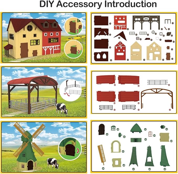 Peagprav Farm Animals Figurines Toys -140 pcs Toy Set Barn Toy Horse Stable Tractor Trailer Windmill Farmer Fence Playset for Kids Toddlers Boy Girl 3-7 Years Old