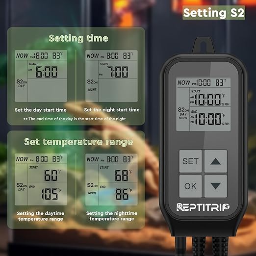 REPTITRIP Reptile Thermostat, Light Timer for Temperature and Lighting Control, Day-Night Timer Thermostat with Reptile Thermometer for UVB Light, Heat Lamp, Heating Pad, 10A 1250w
