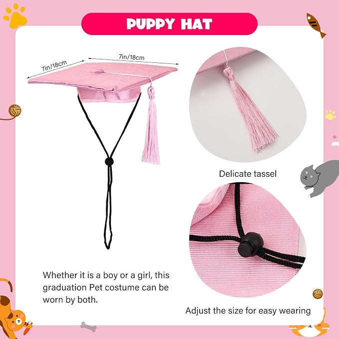 Dog Graduation Cap and Gown, Dogs Cats Graduation Holiday Halloween Costume Accessory(Pink,X-Small)