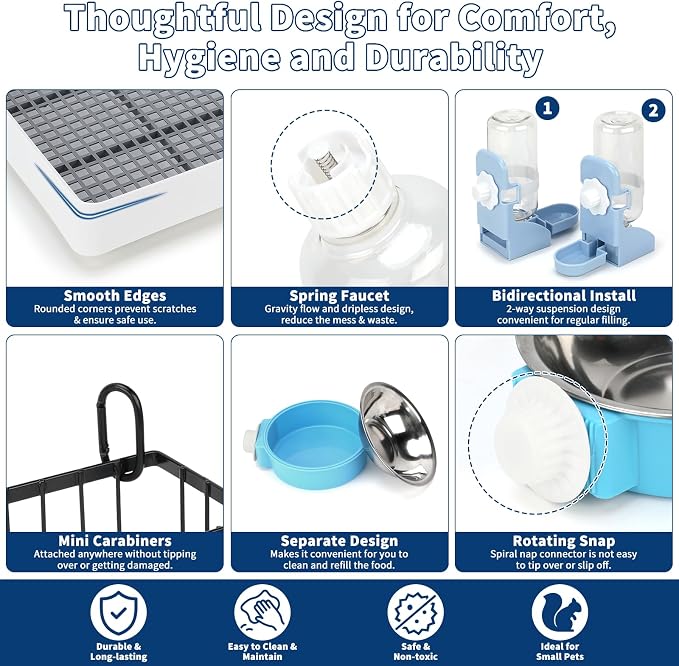 FHTONGE 4 in 1 Ultra Large Rabbit Litter Box with Feeder for Cage, Metal Hay Rack&Trainer Tray&Water Bottle&Food Bowl, Bunny Toilet Training Pan and Feeder Combo for Guinea Pig Ferret Rodent Squirrel