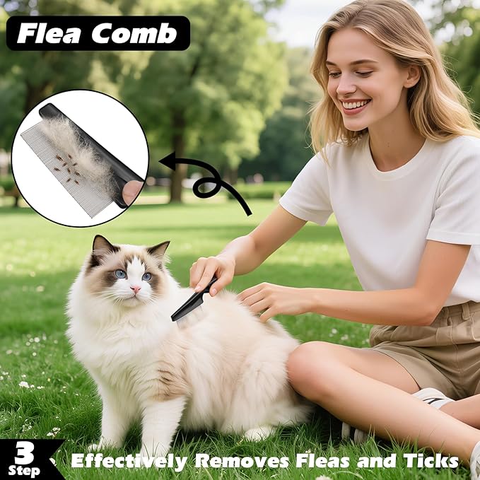 3PCS Self Cleaning Slicker Brush & Pet Grooming Rake & Flea Comb for Dogs, Cats and Horses | Skin Friendly Deshedding Grooming Tool & Double-Sided Dematting Comb | Premium Pet Supplies