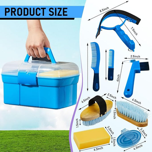 Cunhill 9 Pieces Horse Grooming Kit with Organizer – Curry Comb, Hard & Soft Brushes, Hoof Pick, Sweat Scraper, Sponge – Grooming Supplies for Horses, Riders & Beginners