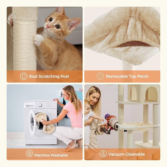 PETEPELA 69" Tall Cat Tree for Indoor Large Cats, Cat Tower for Adult Cats with Big Hammock, Cat Climbing Tree Tower with Scratching Posts, Condo House and Large Top Perch, Beige