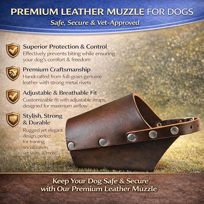 JorVet Leather Muzzle for Dog | Comfortable & Durable to Prevent Biting | Vet-Approved for Safety | Adjustable & Secure Fit | Extra Large | Brown