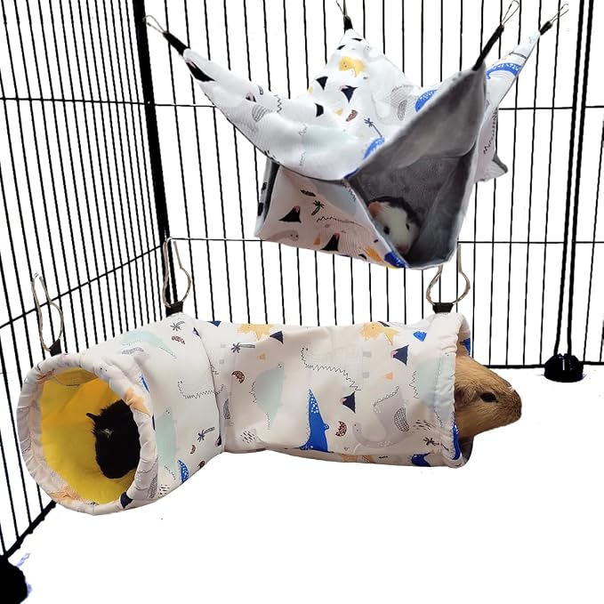 Large Caliber Guinea Pig & Rat Tunnel Hideout & Hammock, Corner Hideout Toy for Guinea Pig, Ferret, Hedgehog & Piggy to Hide and Shuttle (1. Hammock&Tunnel-Dinosaur)