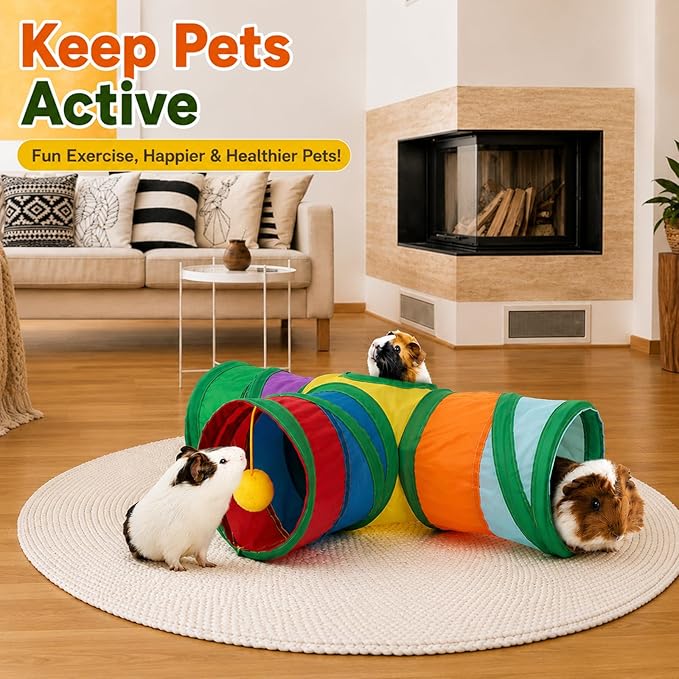 Rypet Guinea Pig Tunnel 3 Way Collapsible Small Pet Tunnels and Tubes with Interactive Ball for Baby Rabbit Ferret Hamster Chinchilla Hedgehog Hiding and Resting