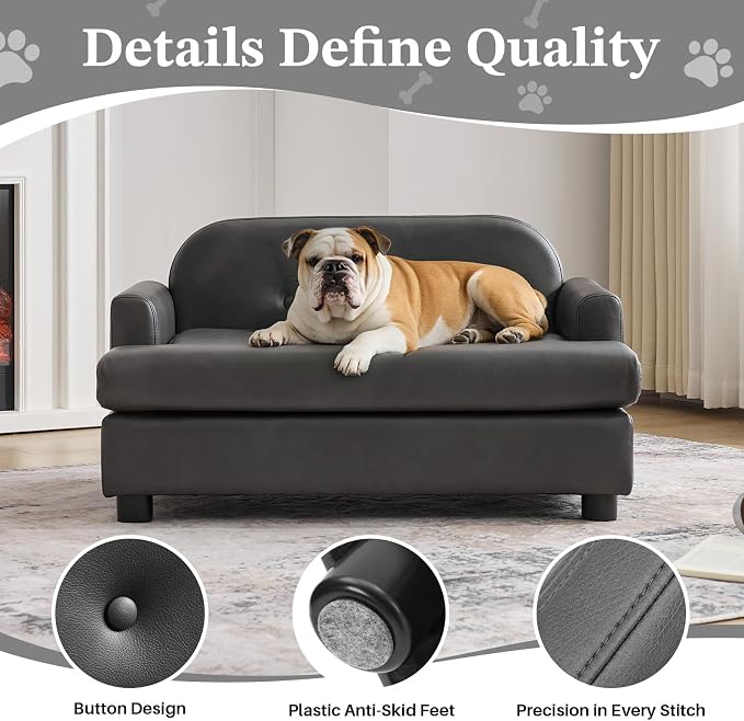 Luxury Dog Sofa Bed Elevated Pet Couch with Durable Waterproof Leather & Orthopedic Sponge - Modern Furniture Style Dog Lounge & Pet Bedside Step for Small/Medium Dogs/Cats, Gray