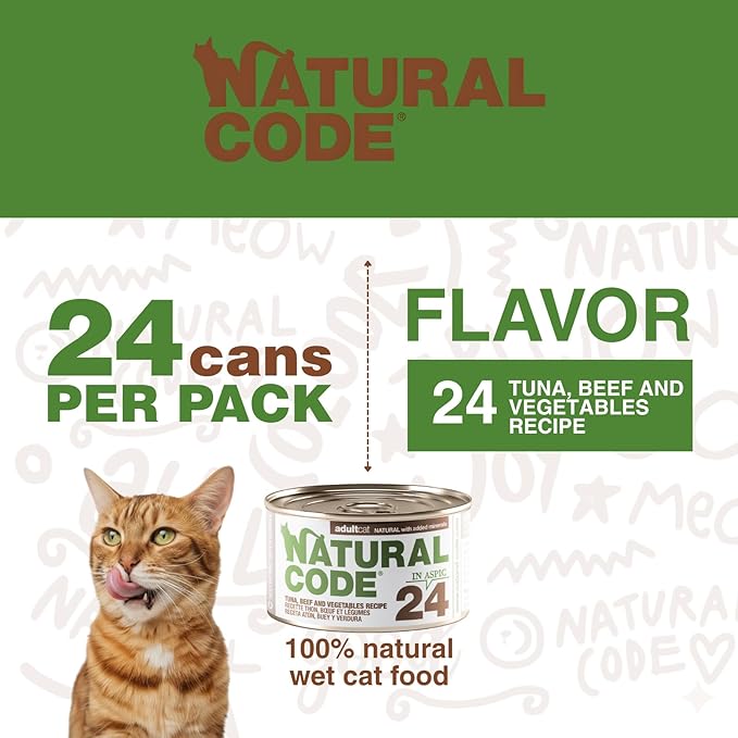 Natural Code - 24 Pack Wet Cat Food, Limited Ingredient Cat Food, High-Protein, Non-GMO, No Artificial Additives, Made in Italy, Tuna, Beef & Vegetables in Aspic for Adult Cats, 3 oz