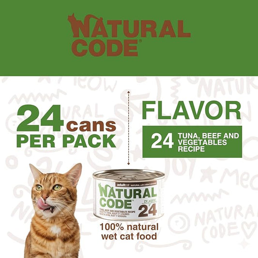 Natural Code - 24 Pack Wet Cat Food, Limited Ingredient Cat Food, High-Protein, Non-GMO, No Artificial Additives, Made in Italy, Tuna, Beef & Vegetables in Aspic for Adult Cats, 3 oz