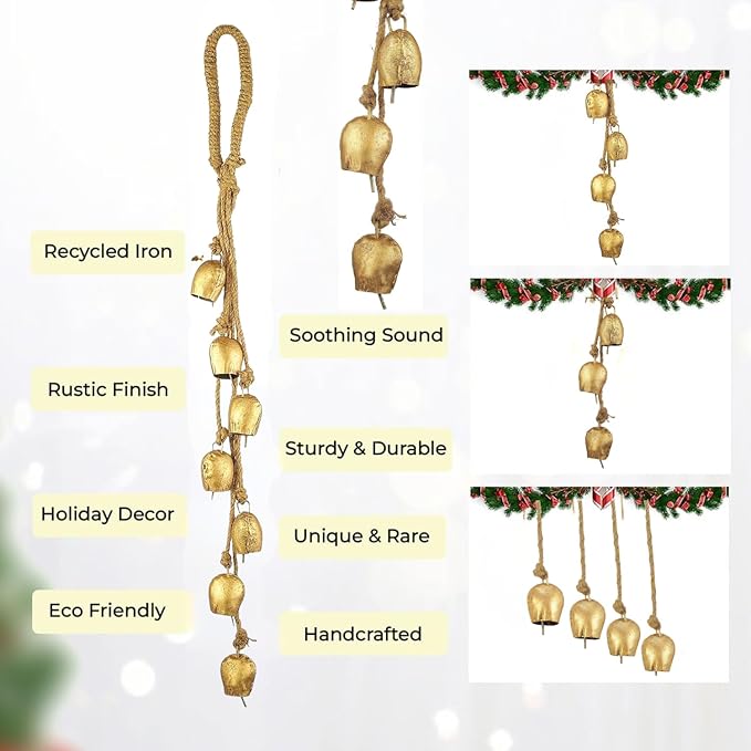 Bellshub Rustic Vintage 7-Bell Cluster Handmade 2" Metal Harmony Bells – 18" Hanging | Farmhouse Wall Décor, Wind Chime, Lucky Charm Bells for Home, Porch, Door Dog Bell Garden Decorations