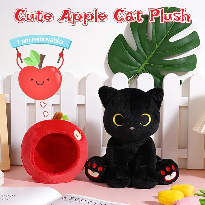 Black Cat Plush - 8inch Cute Stuffed Cat with Red Apple Hood, Teacher Gift Soft Kitten Plushie Toy for Kids Boys Girls, Creative Fruit Plush,