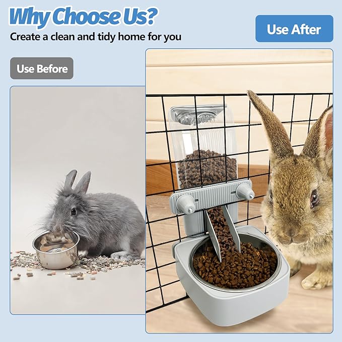 54 oz Rabbit Food Dispenser with Stainless Steel Food Bowl Hanging Gravity Bunny Feeder for Cage Automatic Small Animal Feeding Bowls for Ferret Guinea Pig Chinchilla Cat Puppy