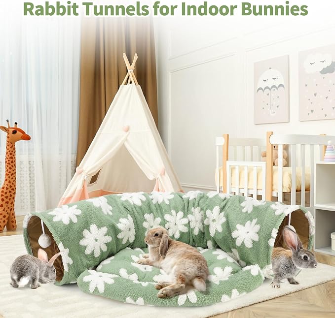 BWOGUE Bunny Tunnel Bed, 2-in-1 Collapsible Tunnel Tubes Toys with Removable Mat Hideout for Cats Kittens Rabbits Guinea Pigs Kitty (Flower Green)