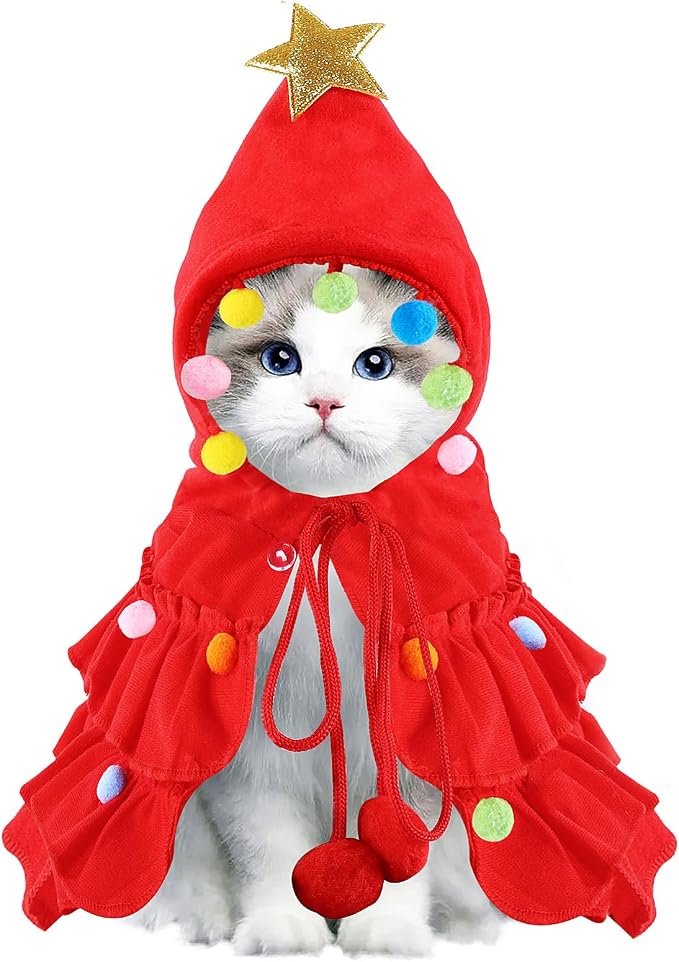 Vellibring Cat Christmas Outfit Red Pet Cloak with Hat with Star and Pompoms Puppy Cape Clothes Xmas Tree Elf Costumes Party Pet Supplies Accessories for Small Dogs Cats Pet Santa Presents