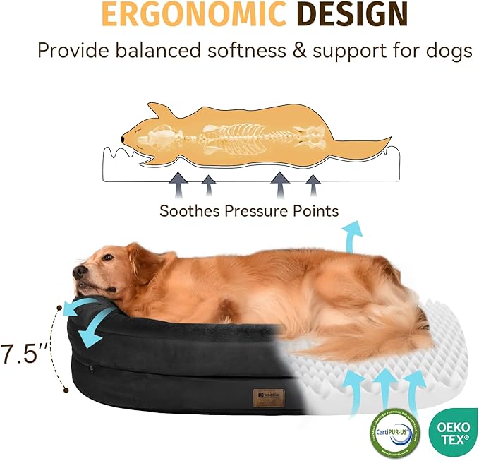 Orthopedic Dog Bed for Large Dogs, Waterproof Dog Bed for Large Size Dogs with Bolsters, Egg Crate Foam Sofa Bed with Washable Removable Cover & Non-Slip Bottom, Black